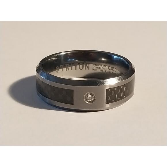BAND RING MEN'S TUNGSTEN CARBIDE BLACK CARBON FIBER & DIAMOND WEDDING size 12 - Picture 1 of 7